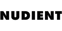 Czarne logo NUDIENT na białym tle, minimalistyczny design biurowy.