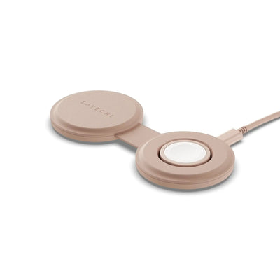 Dwustrefowa ładowarka bezprzewodowa USB-C w kolorze beżowym, minimalistyczny design.