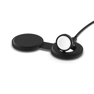 Czarna bezprzewodowa ładowarka 2w1 do telefonu i smartwatcha, minimalistyczny design