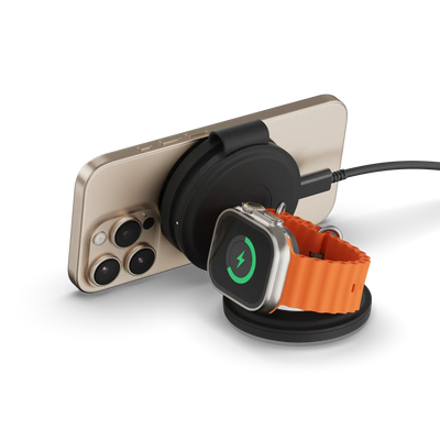 Bezprzewodowa ładowarka 3w1 do telefonu i smartwatcha, elegancki setup biurowy