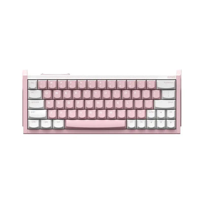 Różowa klawiatura mechaniczna z białymi keycapami, idealna do biura i desk setupu