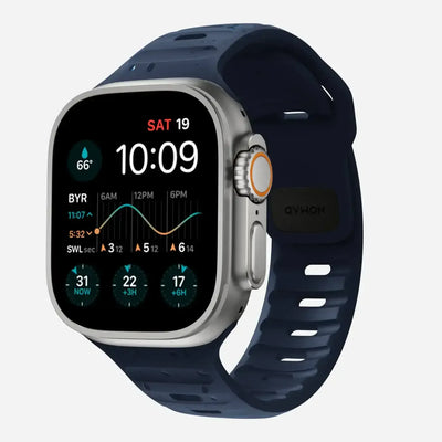 Smartwatch na niebieskim pasku z dużym ekranem dotykowym, widoczny wyświetlacz z datą i wykresami