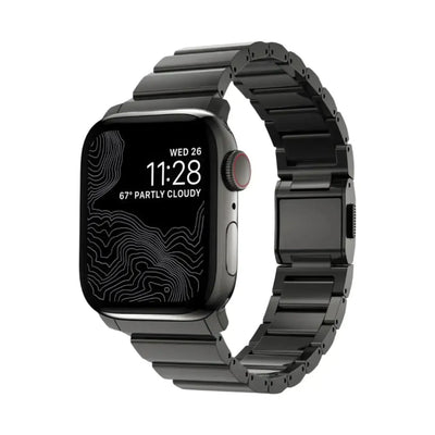 Czarny smartwatch z metalową bransoletą i minimalistyczną tarczą, akcesorium biurowe