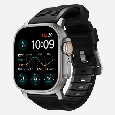 Nowoczesny smartwatch z czarnym paskiem i dotykowym ekranem, wyświetlający dane pogodowe oraz godzinę