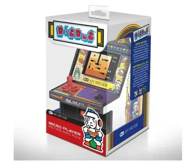 Miniaturowy automat arcade Dig Dug, retro konsola do gier, joystick, kolorowe opakowanie.