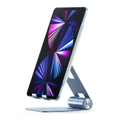 Składany aluminiowy stojak na tablet lub smartfon, niebieski, minimalistyczny design