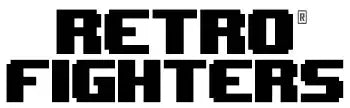 Czarne logo Retro Fighters na białym tle, stylizowane pikselową czcionką