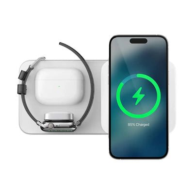 Biała ładowarka indukcyjna 3w1 do telefonu, smartwatcha i słuchawek na biurko