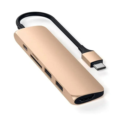 Złoty aluminiowy adapter USB-C z wieloma portami, wejścia HDMI, USB i SD, akcesorium biurowe
