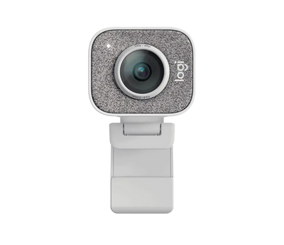 Biała kamera internetowa Full HD, kwadratowa, z wyraźnym obiektywem, idealna do home office