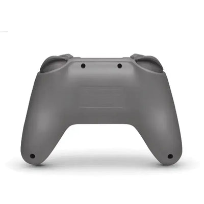 Tył szarego bezprzewodowego gamepada, ergonomiczny uchwyt do gier