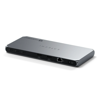 Stacja dokująca Thunderbolt 4 z portami HDMI, USB-C i Ethernet, srebrna, biurowe akcesorium