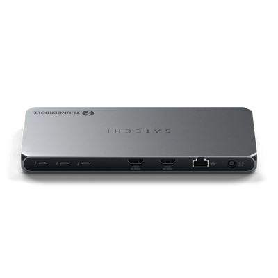 Stacja dokująca Thunderbolt 4 do wielu monitorów, złącza USB-C, HDMI, Ethernet, srebrna