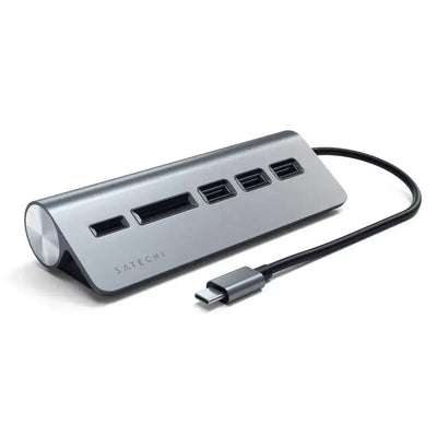 Aluminiowy hub USB-C z czytnikiem kart i portami USB 3.0 do biura, kolor szary