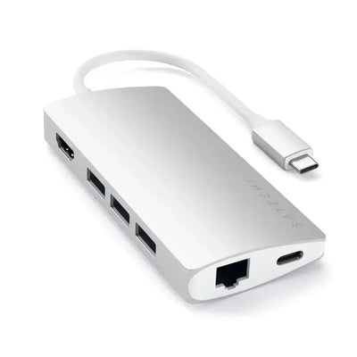 Srebrny adapter USB-C z wieloma portami, HDMI, Ethernet i USB do biura domowego