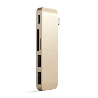 Złoty hub USB-C z wieloma portami, akcesorium do biura i laptopa, widok z boku