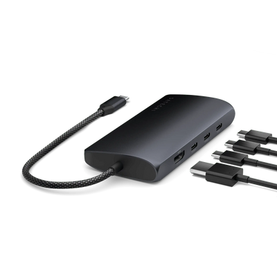 Czarny adapter USB-C multiport z portami HDMI, Ethernet, USB i kablem do biura