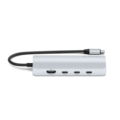 Srebrny adapter USB-C z portami HDMI 8K i USB, idealny do biura i home office