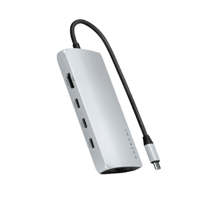 Srebrny adapter USB-C multiport z portami HDMI, Ethernet i USB do biura