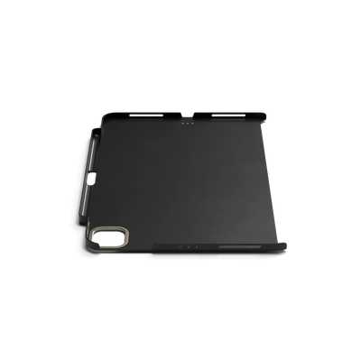 Czarny futerał magnetyczny z wegańskiej skóry na iPad Pro, widok od tyłu, wycięcie na aparat